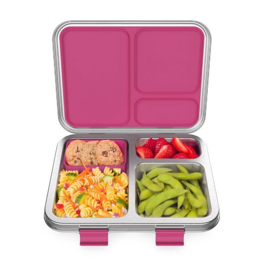 Kids' Stainless Steel Leakproof 3 Compartments Bento-Style Lunch Box - Fuchsia